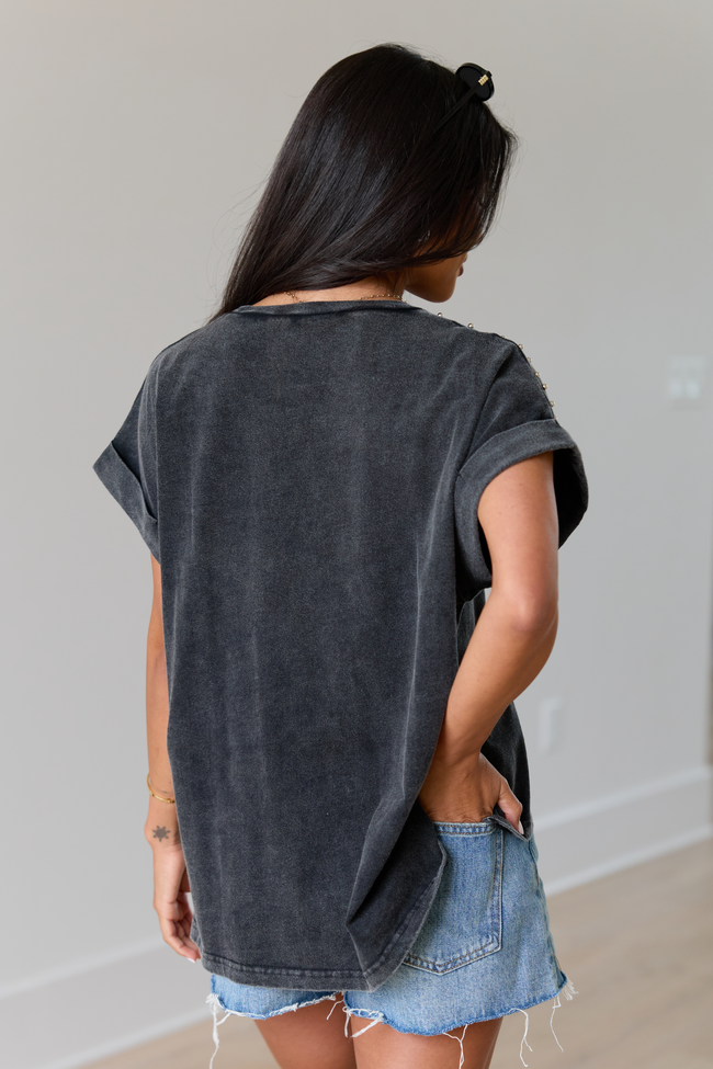 Kamryn Black Studded Acid Wash Tee