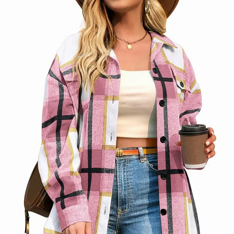 Women Plus Size Plaid Shacket  Coat