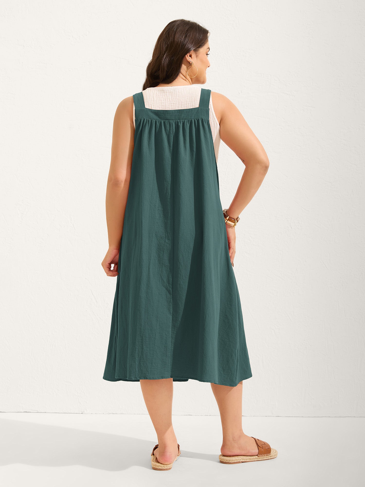 Pure Cotton Pleated Pockets Midi Dress