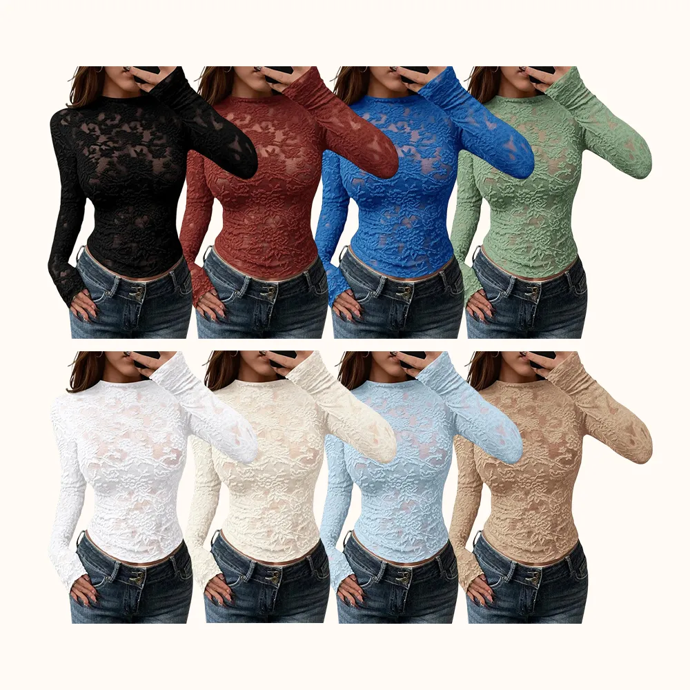 Mesh Long Sleeve Tops for Women Lace Sexy Sheer Tight See Through Crew Neck