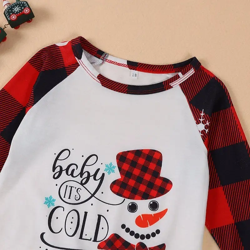 Christmas Red Plaid Pajama Set Snowman Letter Pattern