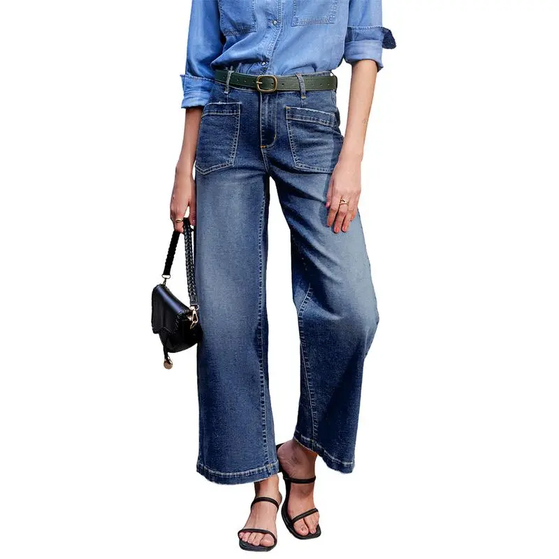 Women's Wide Leg Jeans High Waisted Stretchy Jeans Straight Leg Loose Fit Zimbaplatinum Ankle Denim Pants