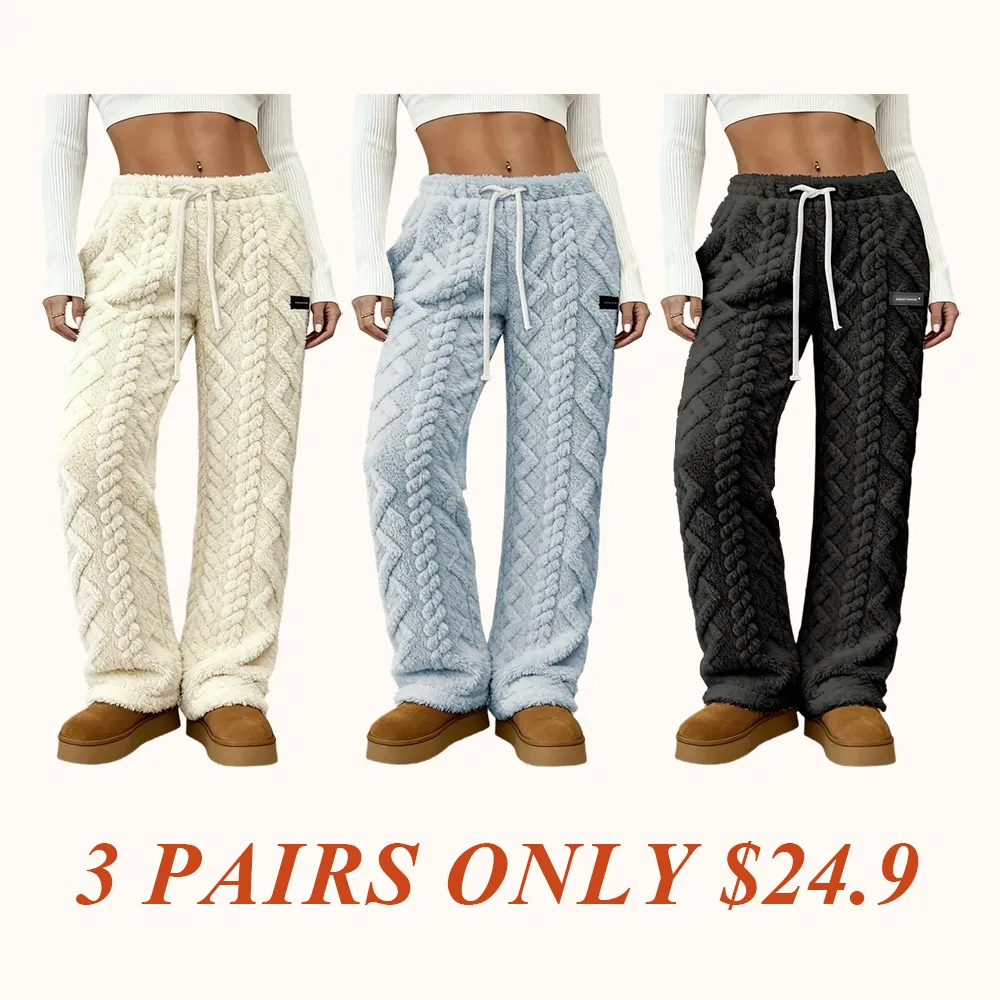 Women's Winter Lined Casual Pants - Jacquard Fabric & Drawstring Waist