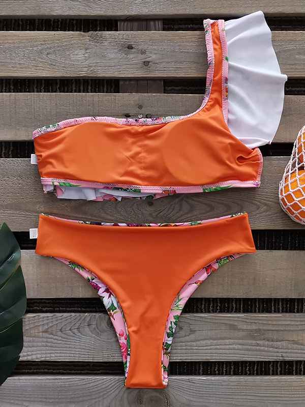 One-Shoulder Falbala Floral Print Padded Bralette High-Waisted Bikini Swimwear