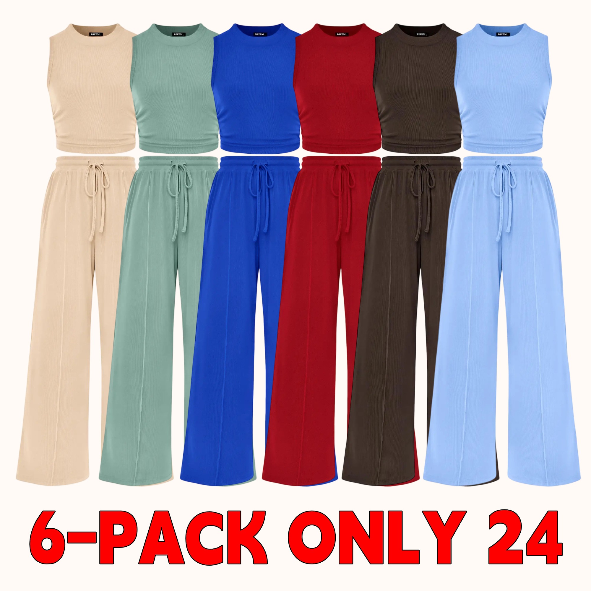 Women's Summer Two-Piece Set — Ribbed Knit Crew Neck Sleeveless Cropped Top