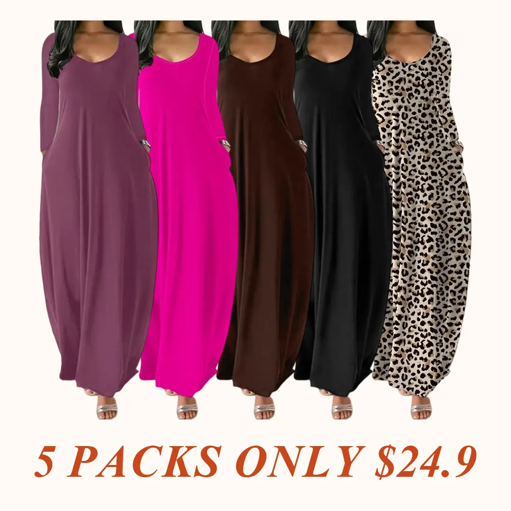 Women's Long Nightgown, Leopard Print in Coffee, Casual Round Neck Long Sleeve Pocket Sleepwear