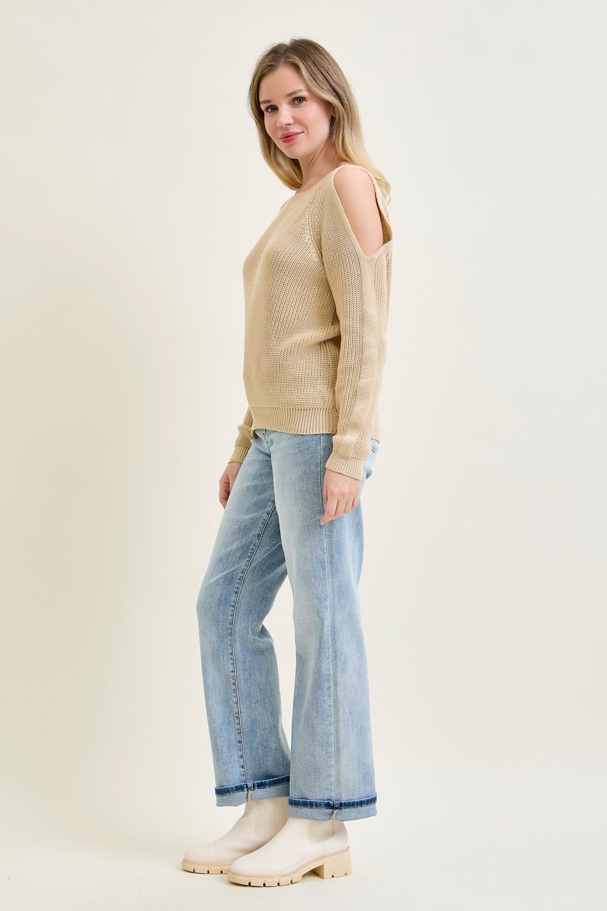 Chevron Stitch Cold Shoulder Beige Sweater