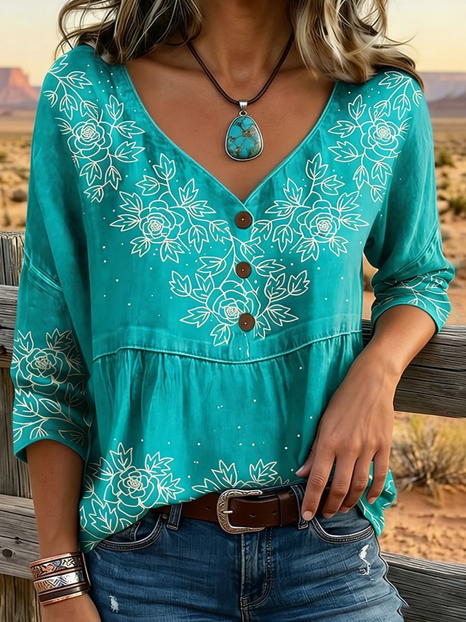 Women's Patchwork Cotton-Linen Western-Style Retro Top