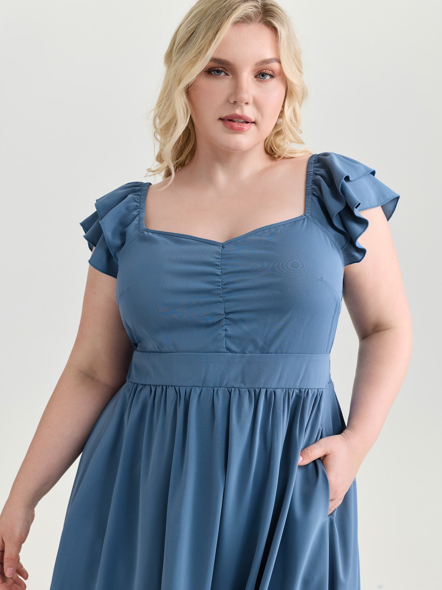 Ruched Shirred Back Layered Sleeve Midi Dress