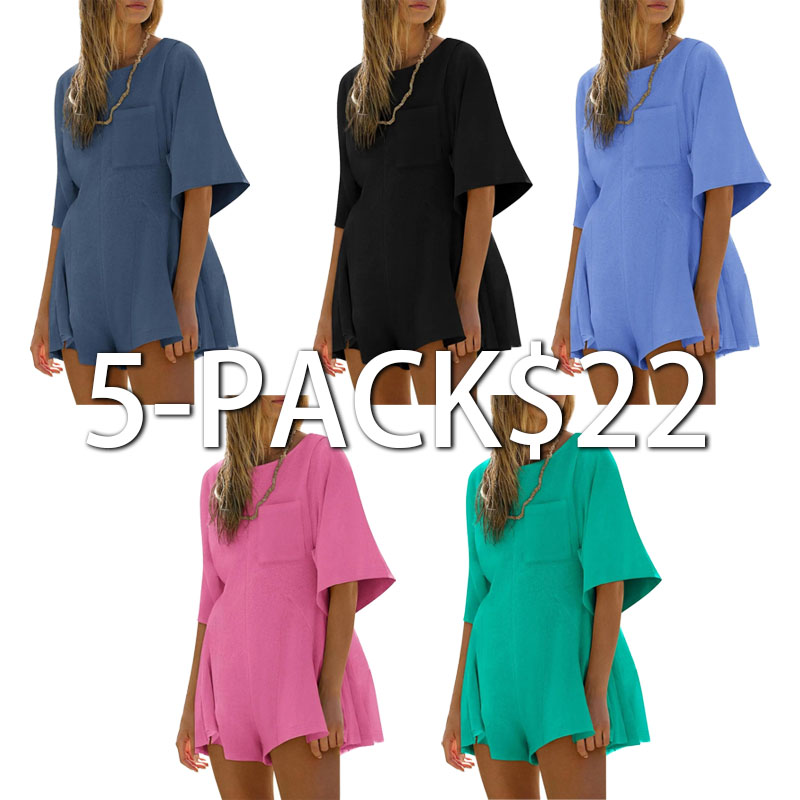 Women's Short Sleeve Loose Jumpsuit – Casual Crew Neck Romper with Pockets