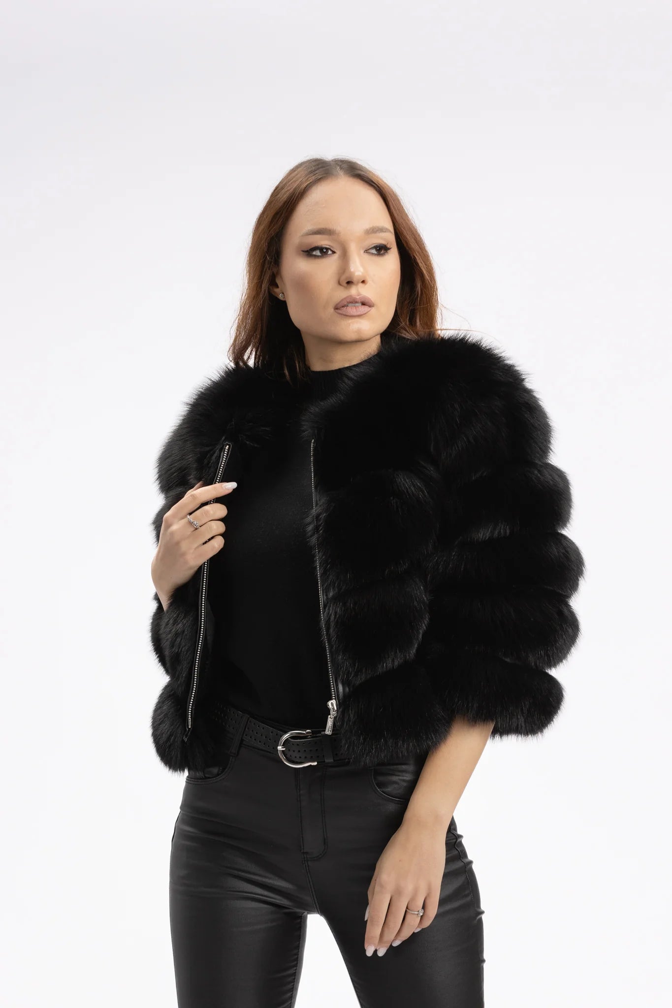 Haină din Blană Naturală de Vulpe Polară, Short, Femei, Obsidian 248