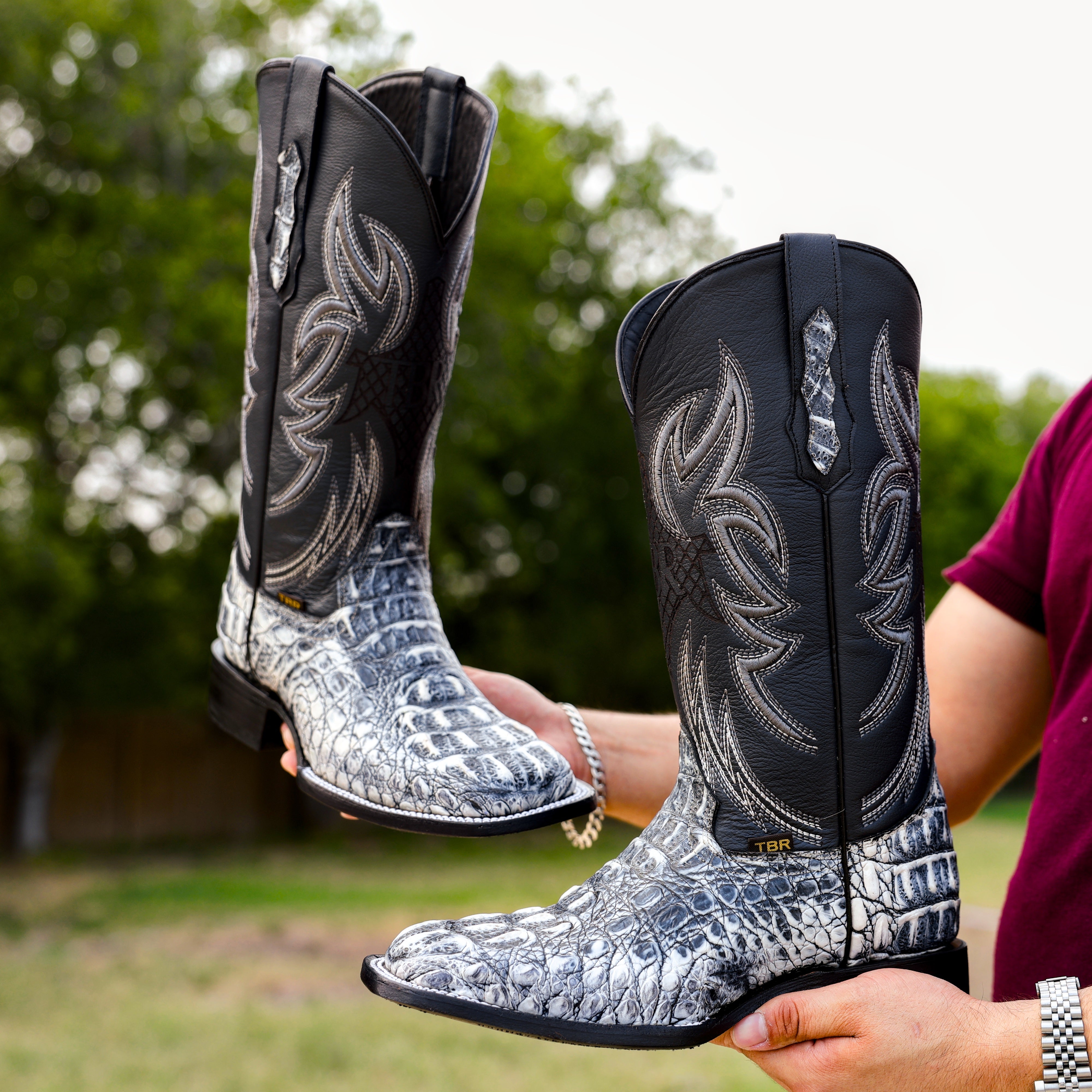 Rustic Eclipse Caiman Neck Leather Boots - Square Toe
