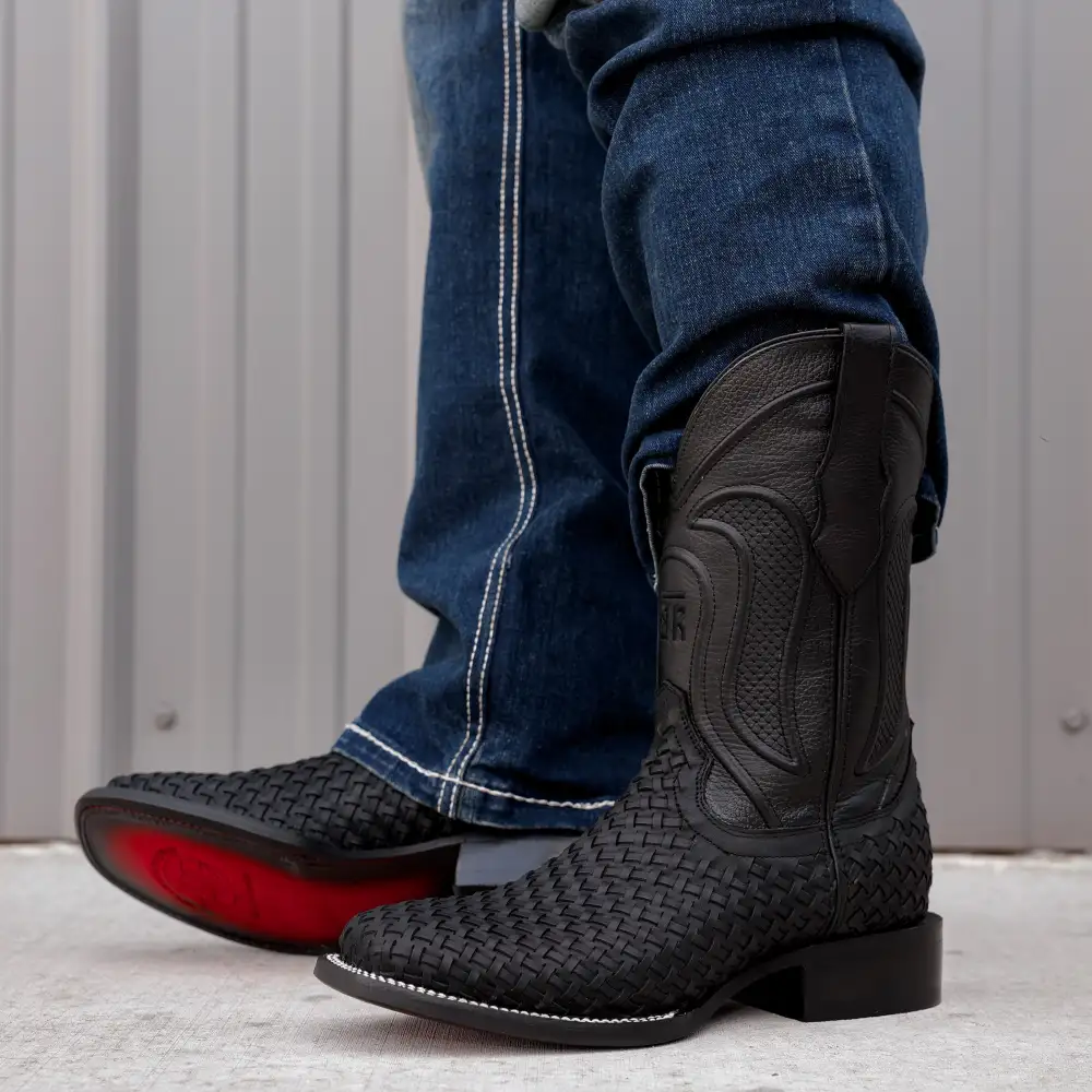 Black Basketweave Leather Boots - Square Toe