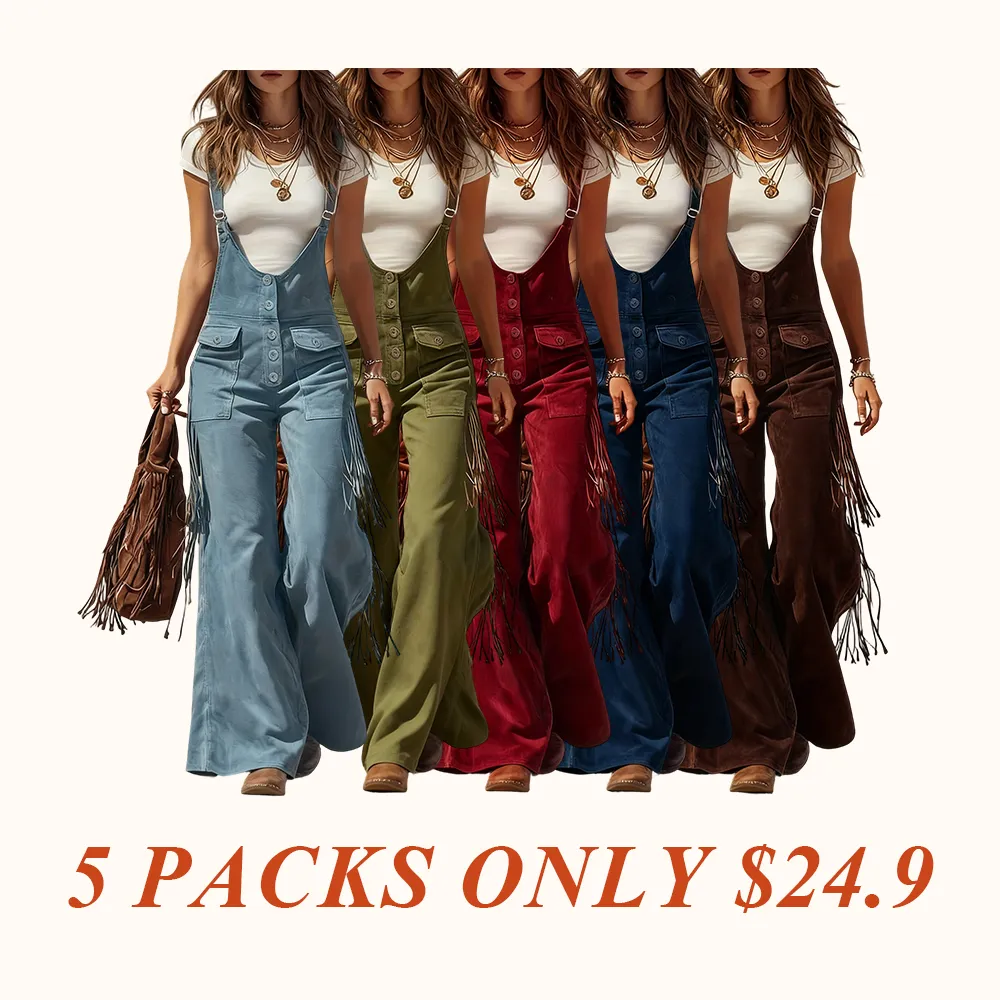 Women's Retro Faux Suede Fringe Wide-Leg Cargo Pants