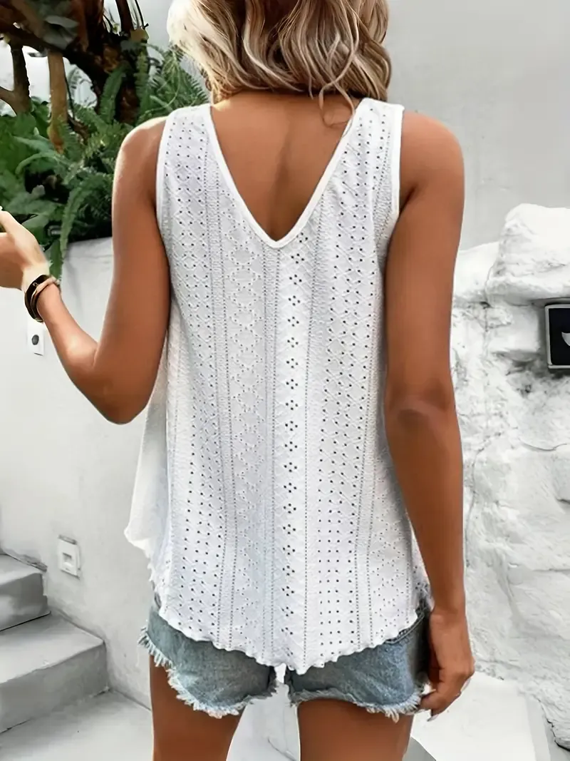 Eyelet Embroidered V Neck Tank Top, Casual Sleeveless Top For Spring & Summer, Women's Clothing