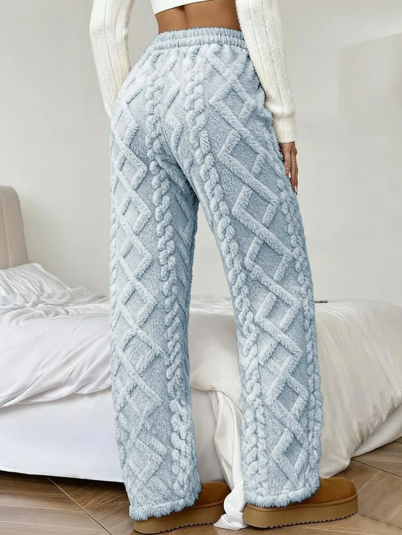 Women's Winter Lined Casual Pants - Jacquard Fabric & Drawstring Waist