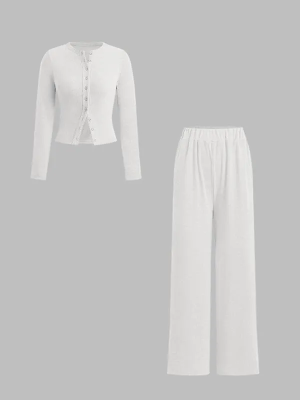 Two-piece Set Women's Solid Button Front Ribbed Crop Top & Elastic Waist Pants