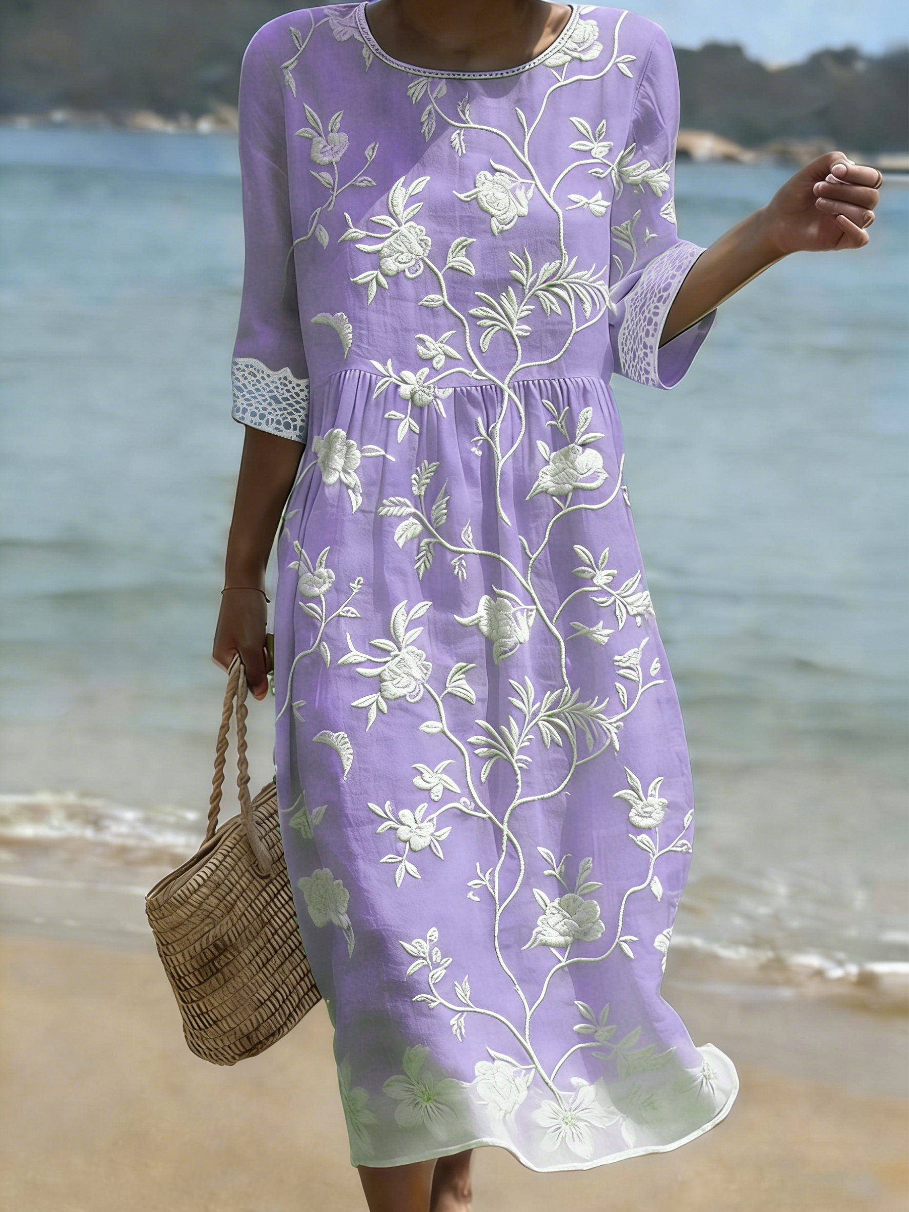 Women's Casual Solid Color Round Neck Mid-Sleeve Floral Print Cotton Linen Dress- Fast Shipping