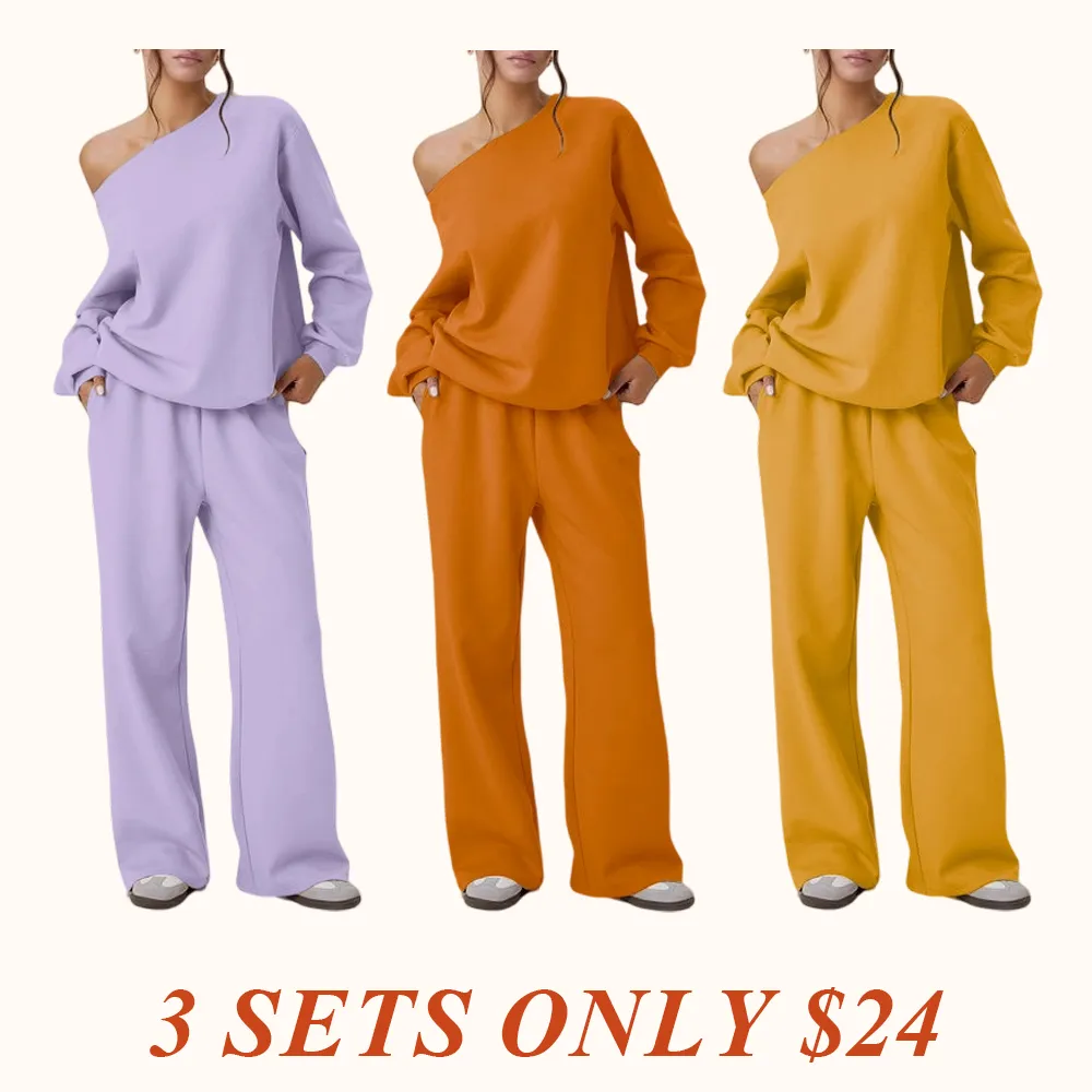 Women's Leisure Solid Color Sloping Shoulder Long Sleeve Top & Wide Leg Trousers Co-ord
