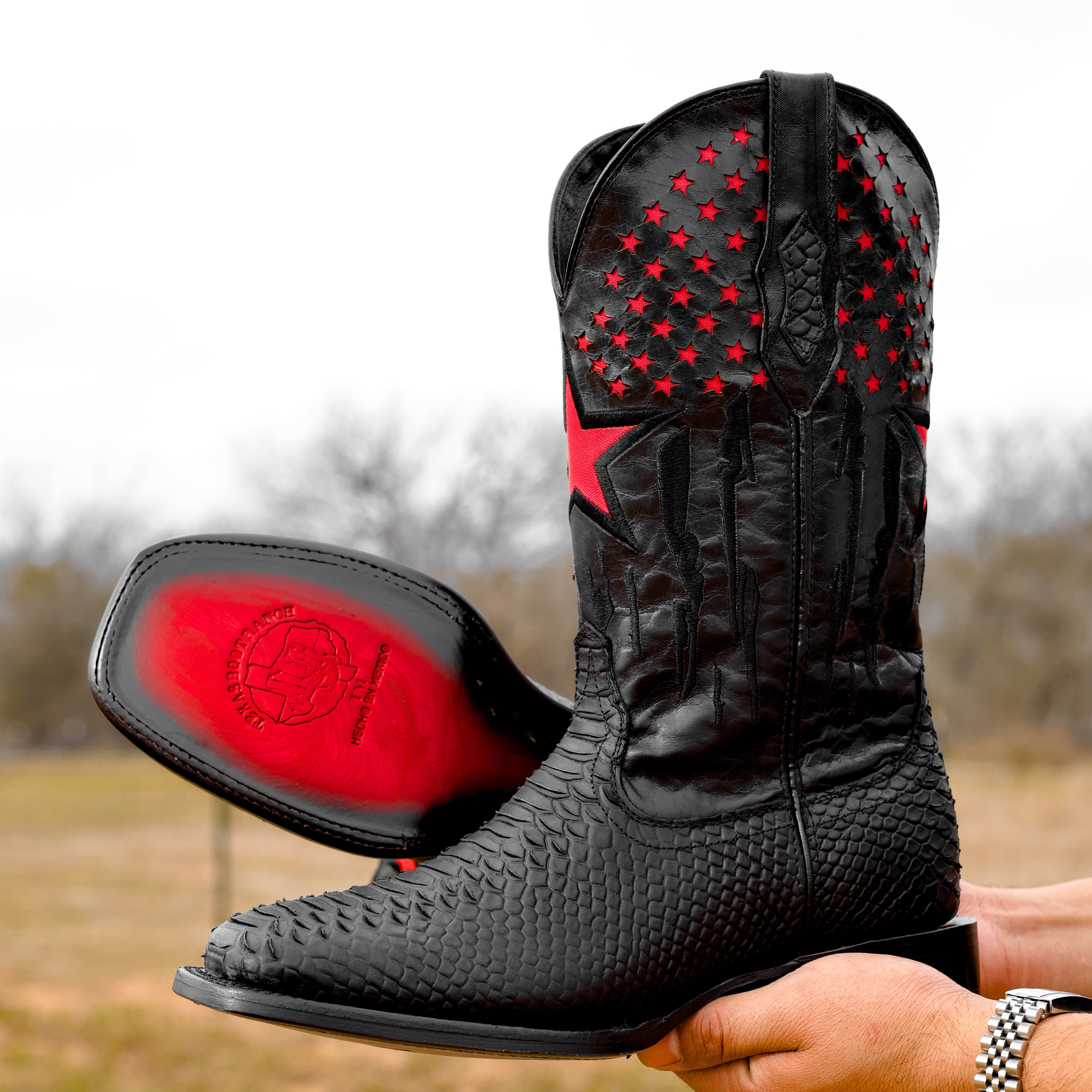 Matte Black Python Leather Boots - Square Toe