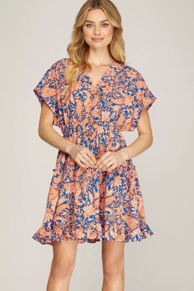 Ruffled Hem Printed Surplice Kimono Sleeve Mini Dress Plus Size