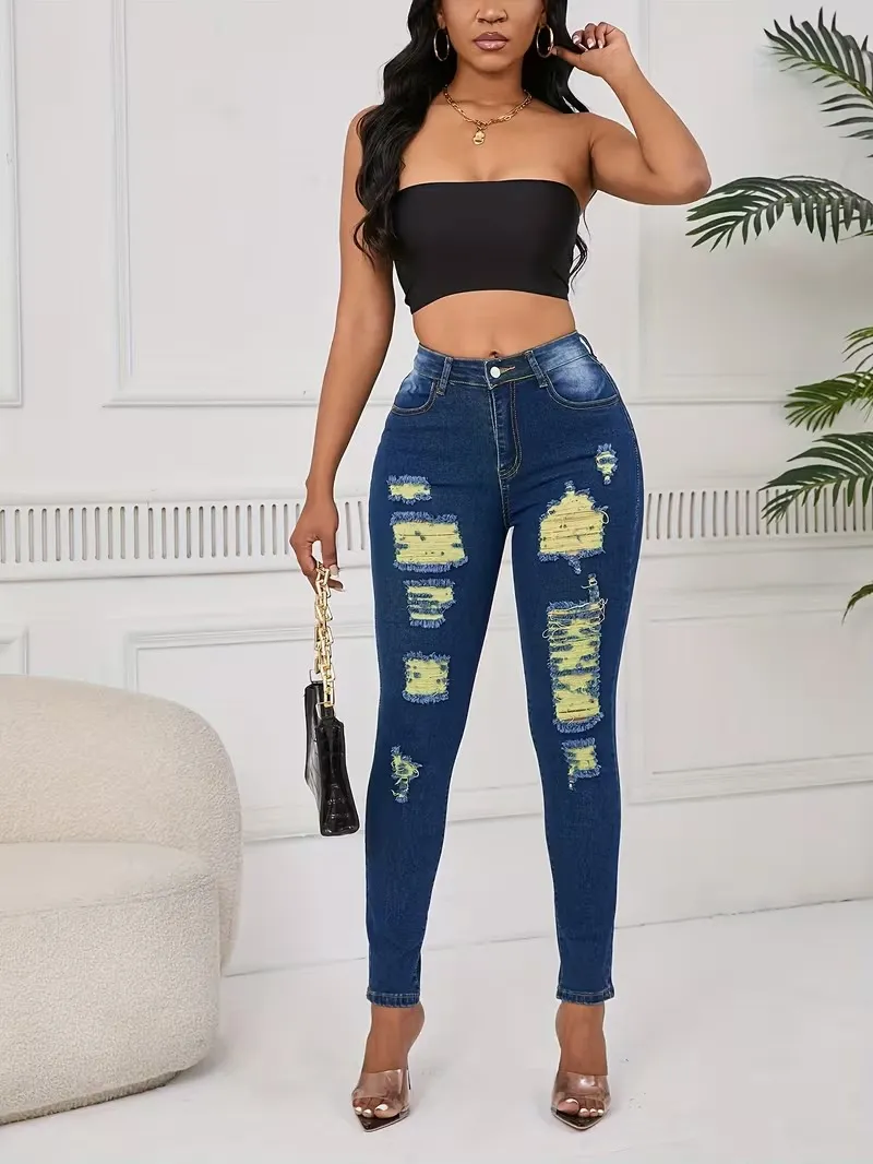 Women's Fashion Yellow Ripped Distressed Skinny Jean Slim Fit Denim Pants