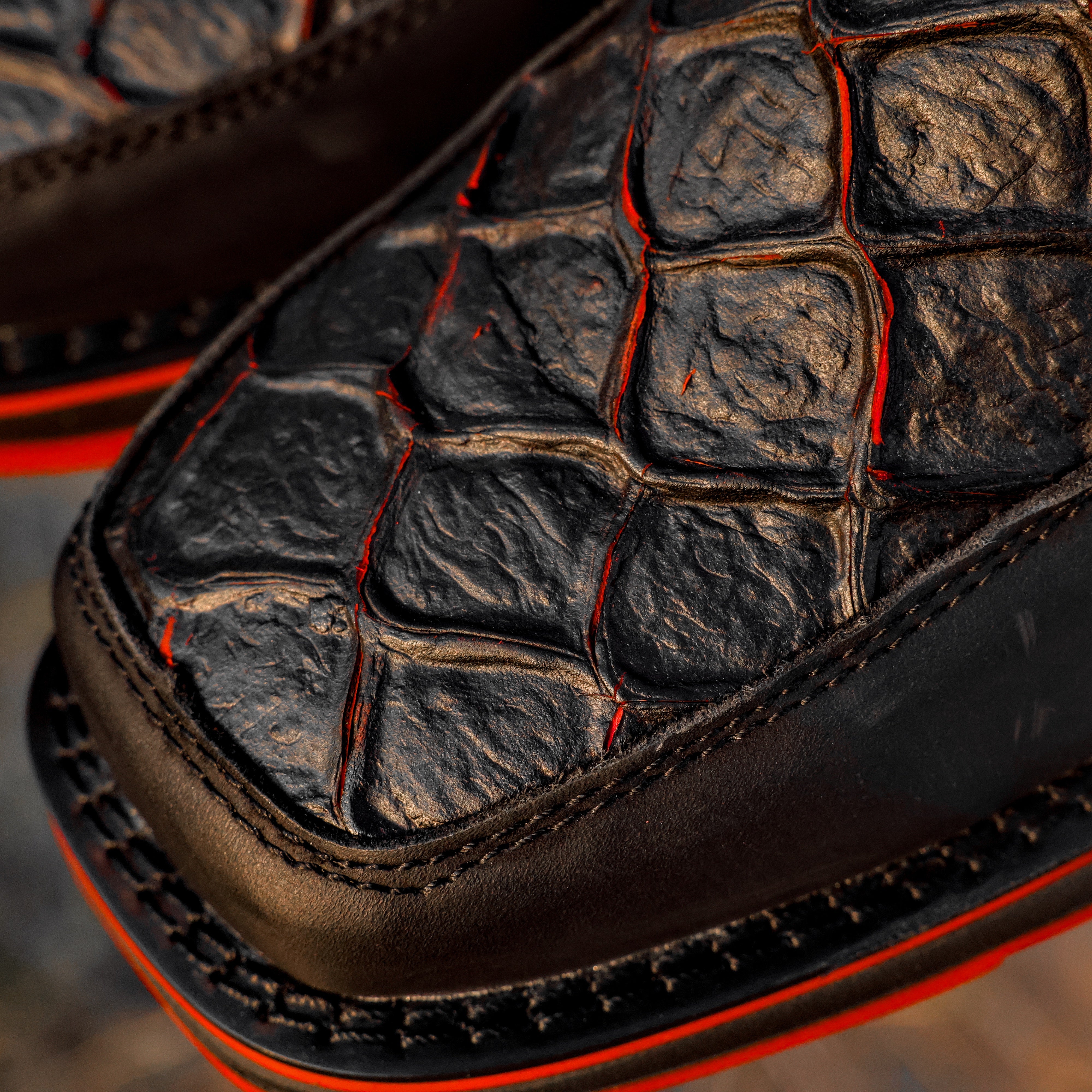 Matte Black Cherry Pirarucu Leather Botin With 3D Lightweight Soles - Square Toe
