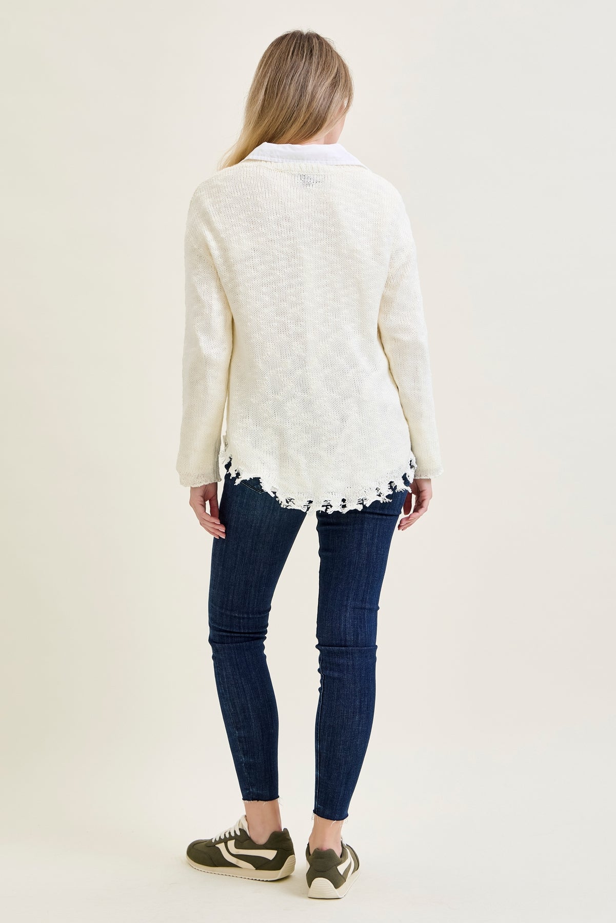 Cable Front Fringe Pullover White Sweater