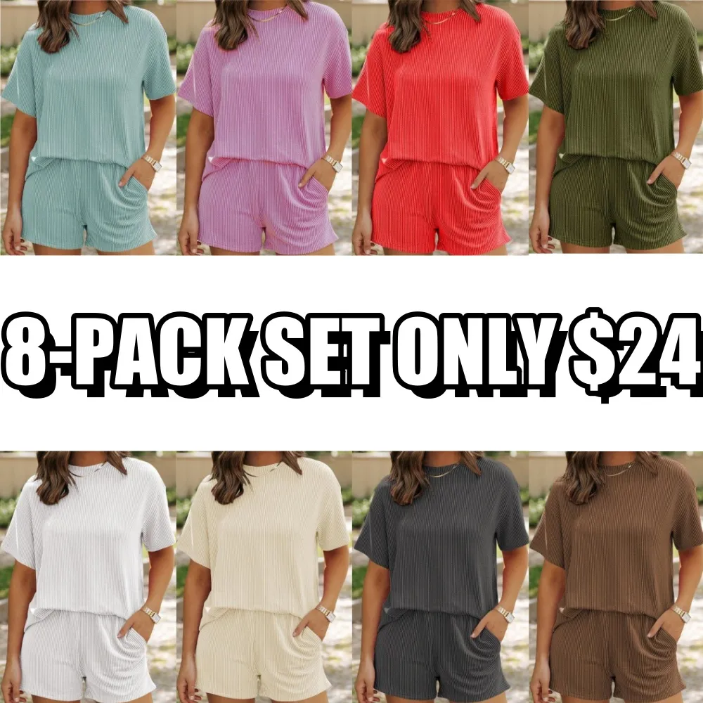 Women's Solid Twisted Ribbed Knit Textured Pocket Shorts Set