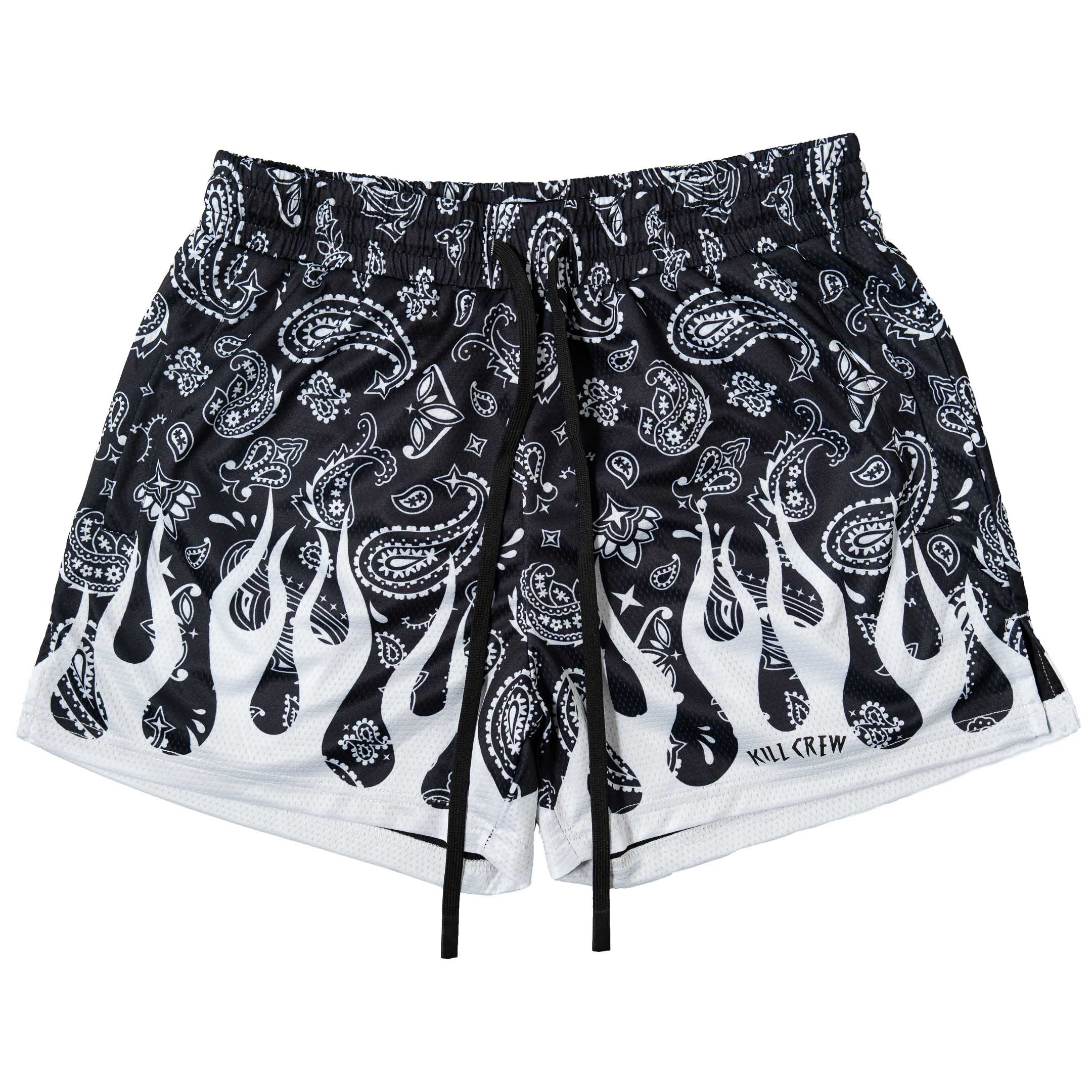 MUAY THAI SHORTS (MID THIGH CUT) BANDANA FLAME - BLACK / WHITE