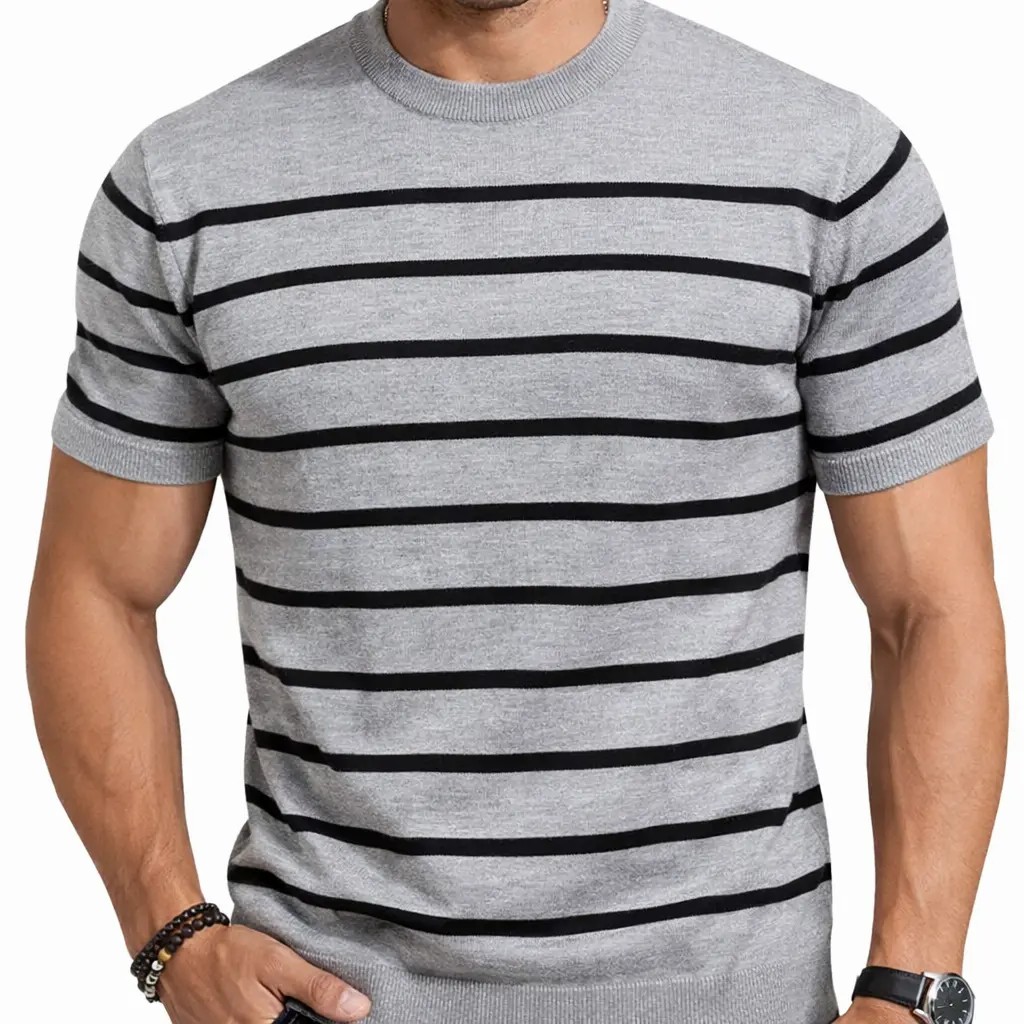 Unisex Retro Striped Knitted T-Shirt – Vintage Crew Neck Summer Basic
