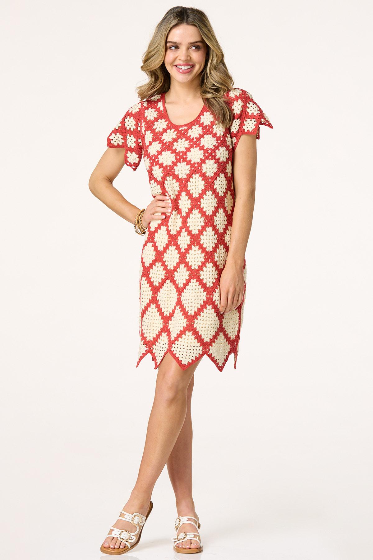 Crochet Geo Red White Sheath Dress