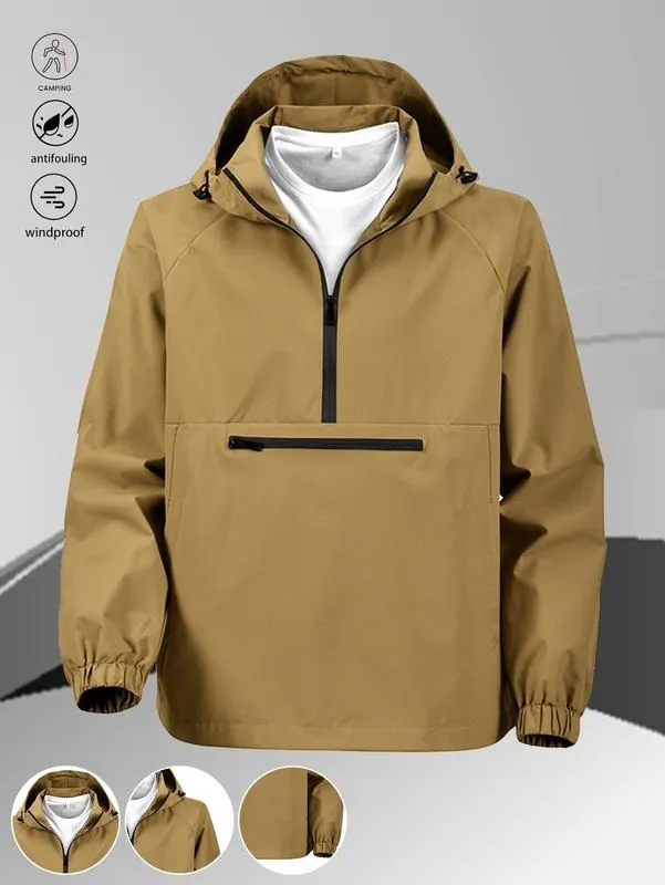 One black half-zip pullover with hoodie, outdoor camping style, large pockets, made of stain-resistant fabric