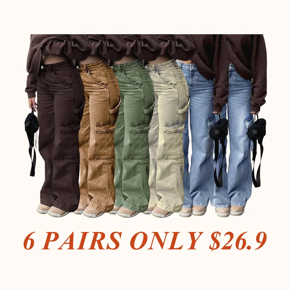 Women's High Waist Cargo Jeans with 6 Pockets, Wide Leg Baggy Denim Pants for Casual Street Style
