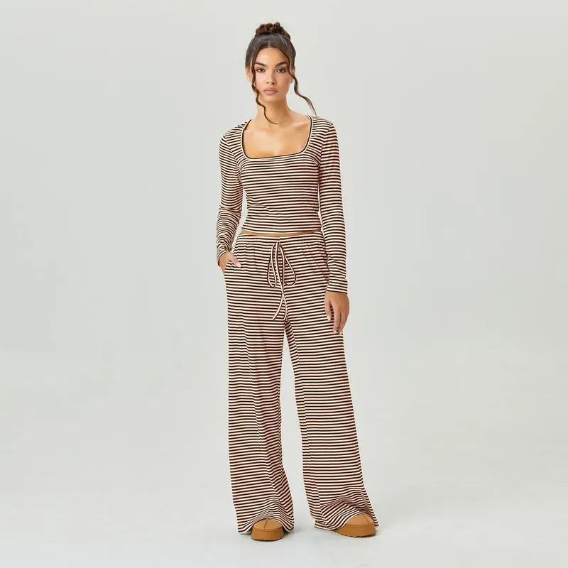 Women's Stripe Square Neck Long Sleeve Crop Top & Wide Leg Trousers Set