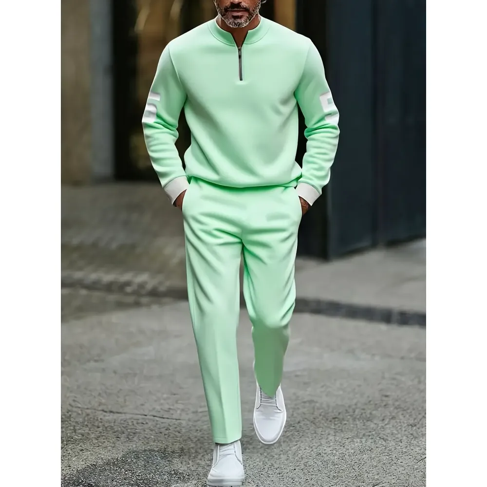 Fashion Stand up Collar Half Zipper Geometric Casual Simple Men's Set