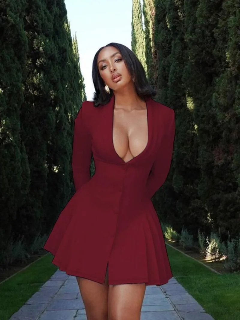 Women's Solid Deep V-Neck Pleated A-Line Dress, Elegant Button Front Long Sleeve Short Dress for Spring & Fall