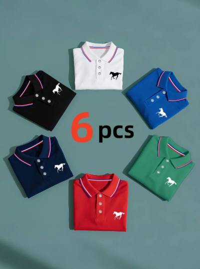 Men's Solid Color Slim Fit Short-Sleeve Horse Print Polo Shirt Set