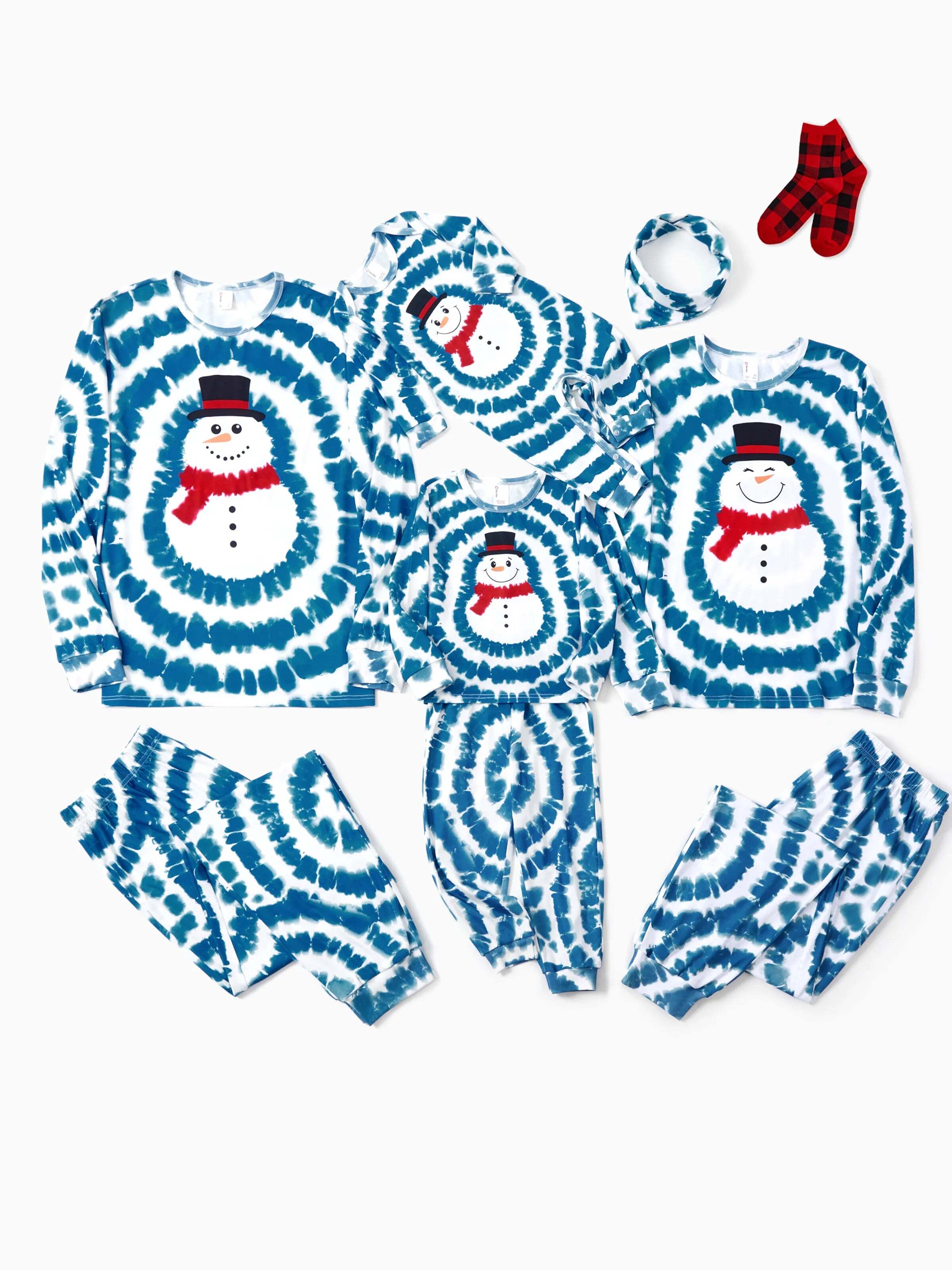 Christmas Matching Family Pajamas Set Tie-dye Snowman Print Blue PJS with Christmas Socks Deep Blue