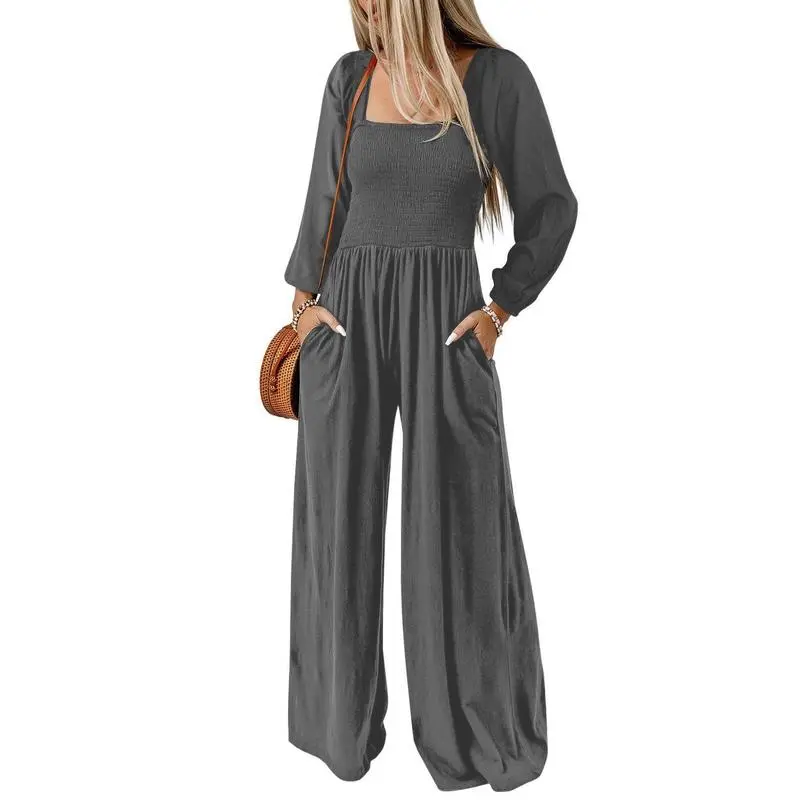 Women's Casual Loose Overalls Jumpsuits One Piece Long Sleeve Wide Leg Long Pant Rompers With Pockets