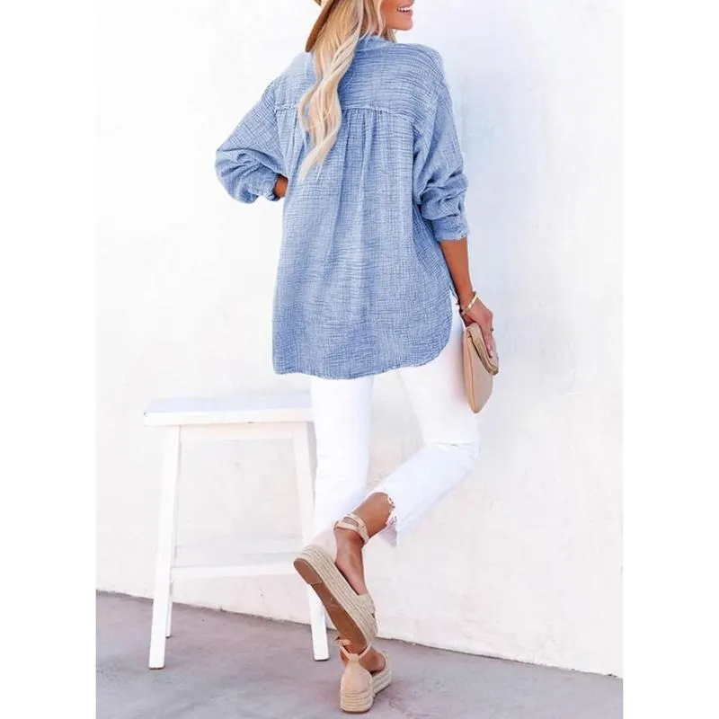 Women's Casual Button V Neck Long Sleeve Shirts Oversized Solid Blouses Tops