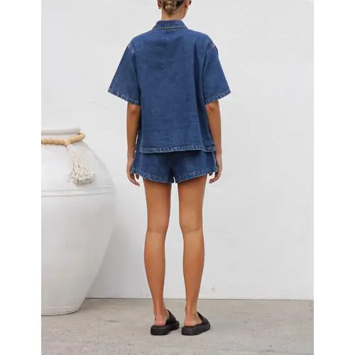 Women's Summer Denim Shirt and Shorts Two-Piece Set Short-Sleeve Button-Down Shirt with Elastic Waist Wide-Leg Shorts Casual Outfit