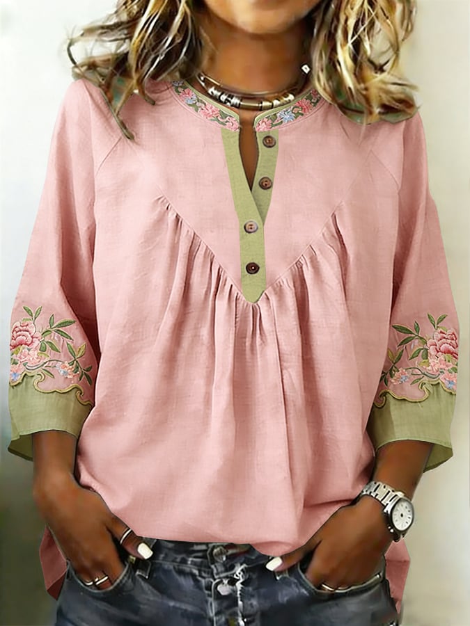 Women's Cotton And Linen Floral Print Shirt- Fast Shipping