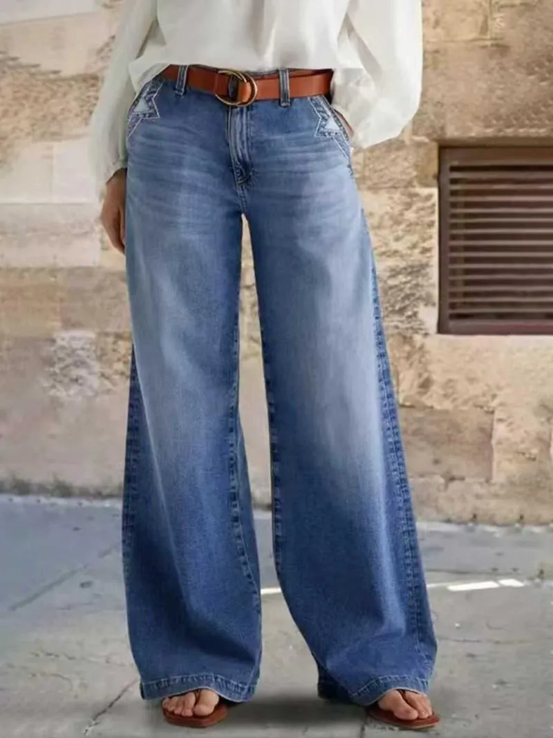 Women's Denim Wide Leg Pants with Pocket Patches, Casual Loose Fit Jeans for Daily Wear
