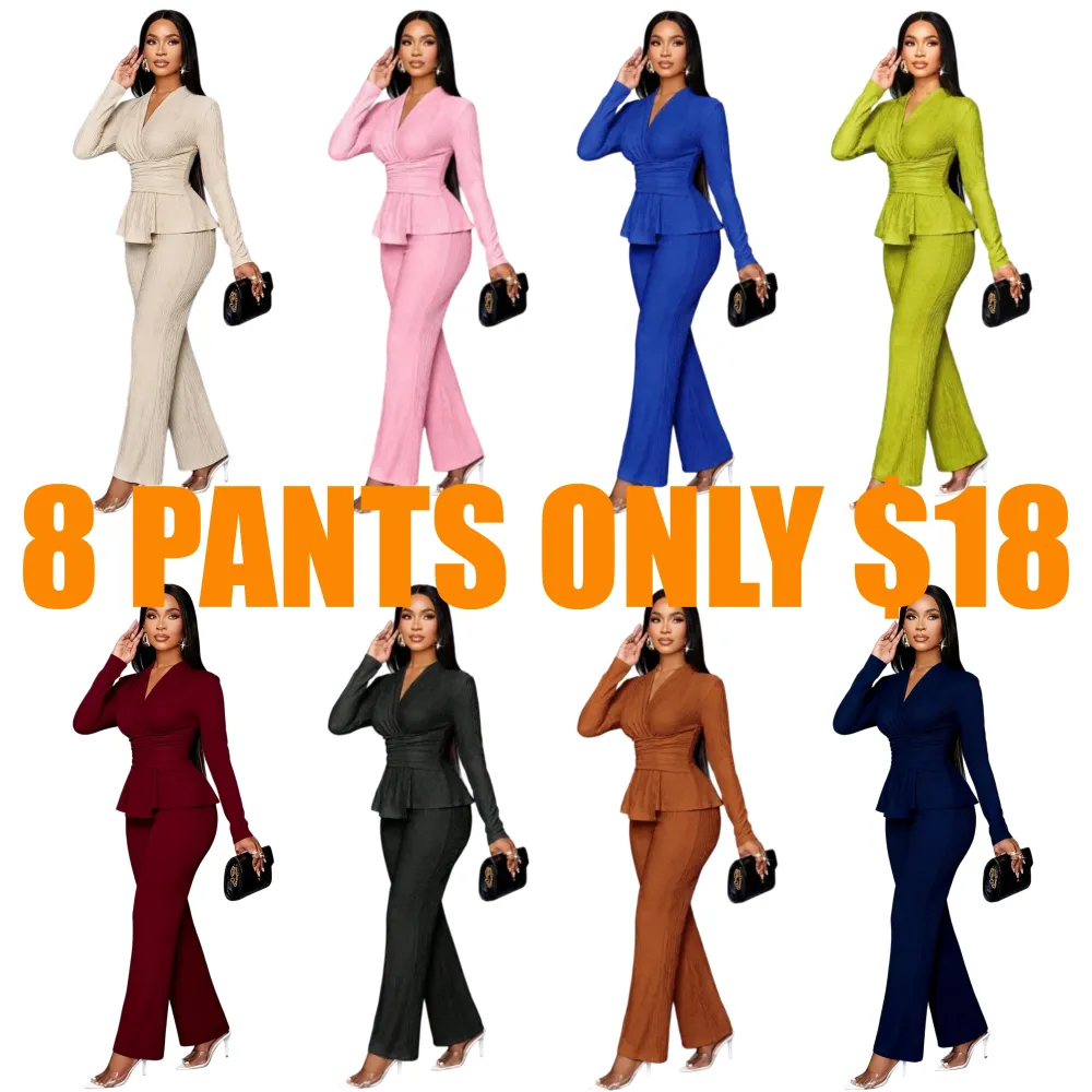 Elegant V-Neck Long Sleeve Top & Wide Leg Pants Set