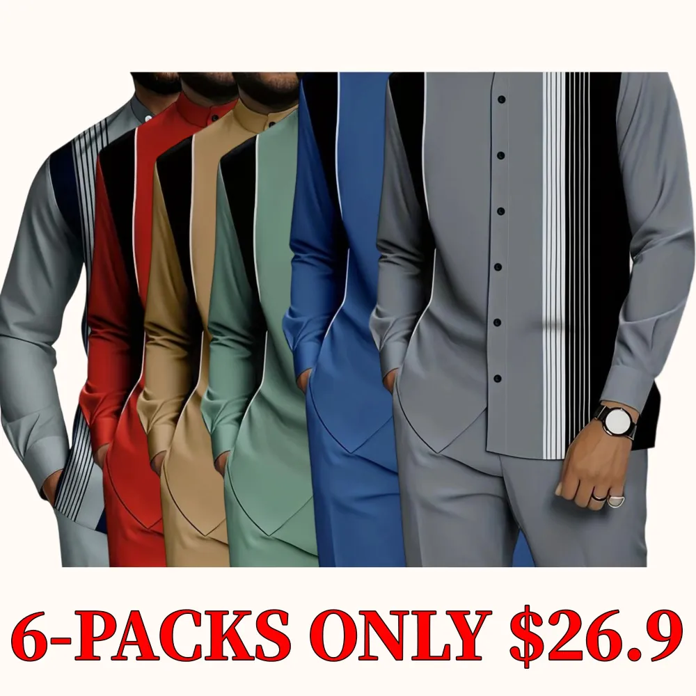 Men's two-piece set, including a black and white vertical striped button-down shirt and a pair of drawstring waist casual pants