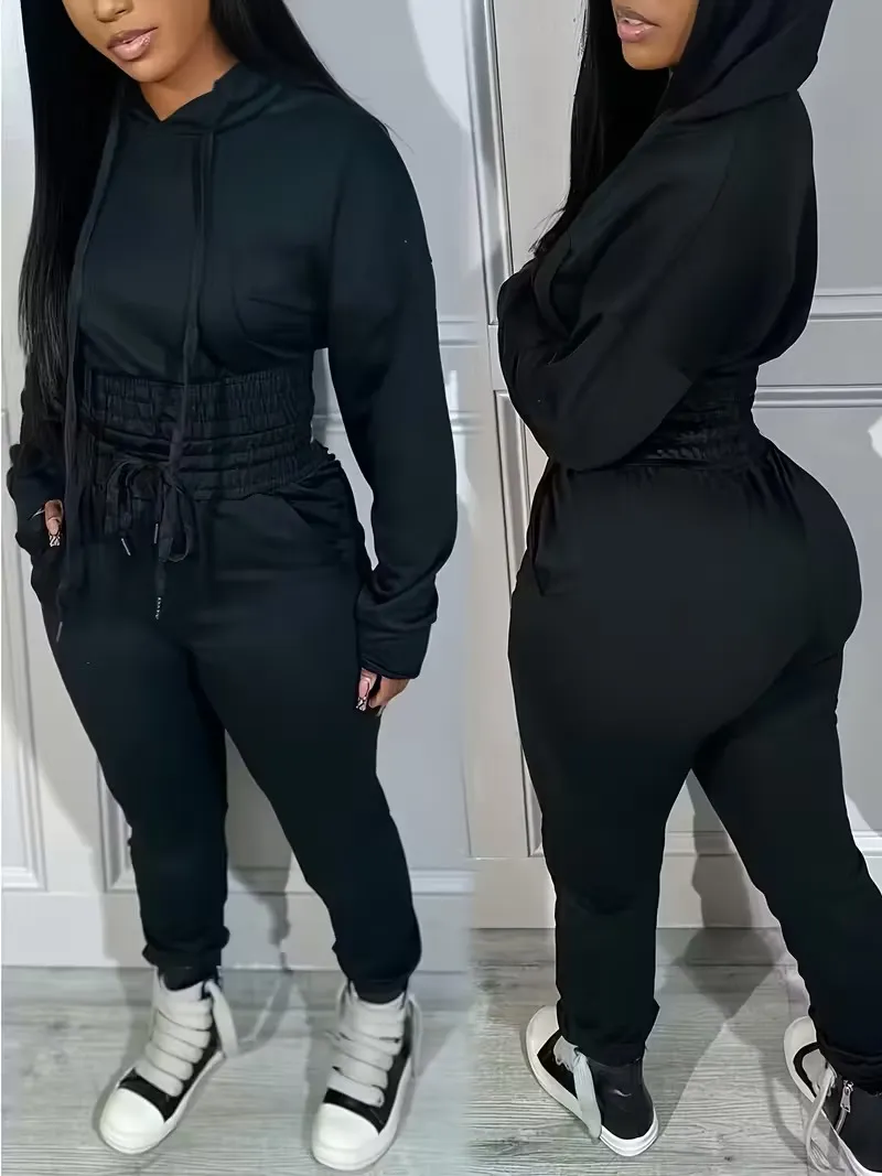 Womens 2 Piece Outfits Lounge Hoodie Shirred Waist Pocket Design Sweatshirt