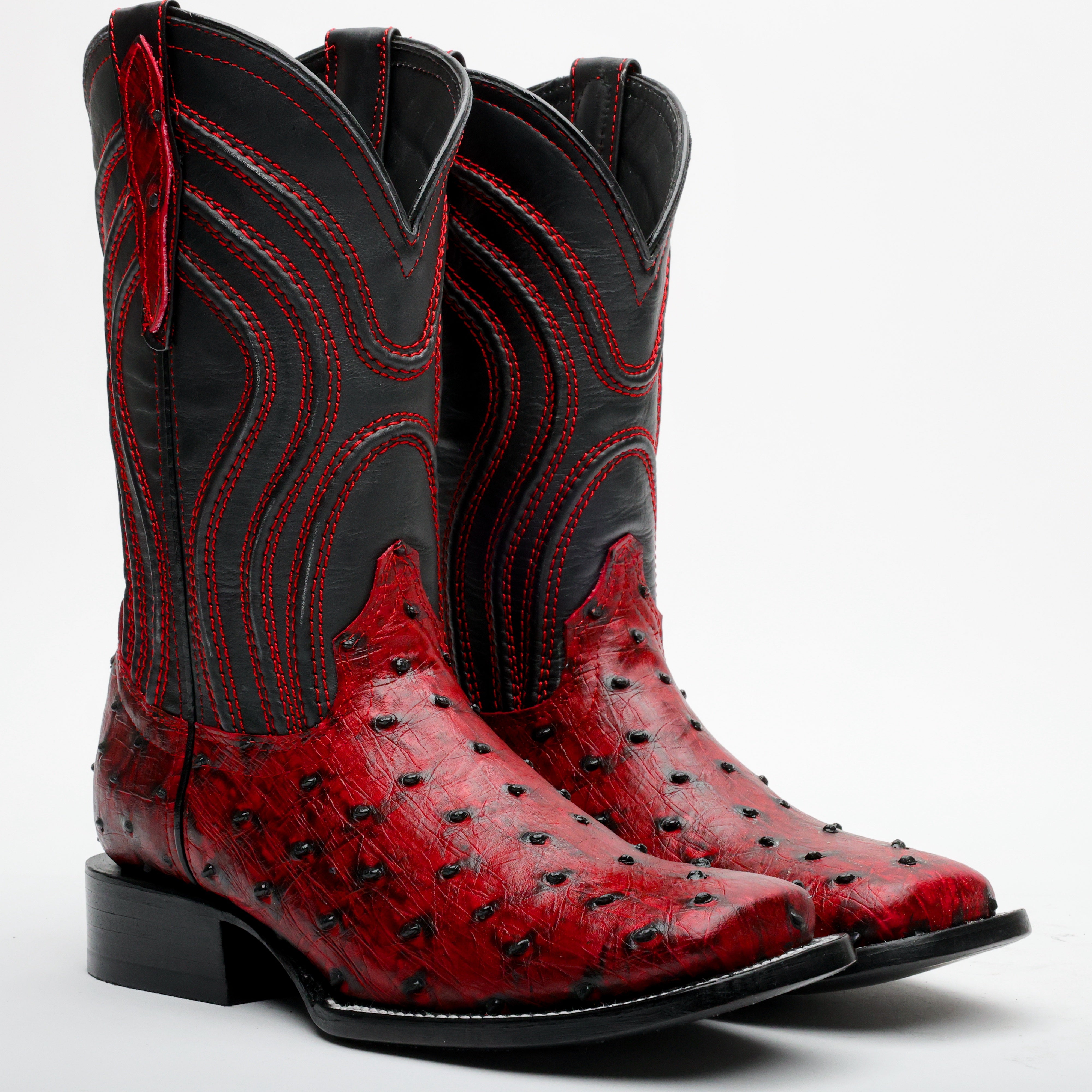 Black Cherry Ostrich Leather Boots - Square Toe