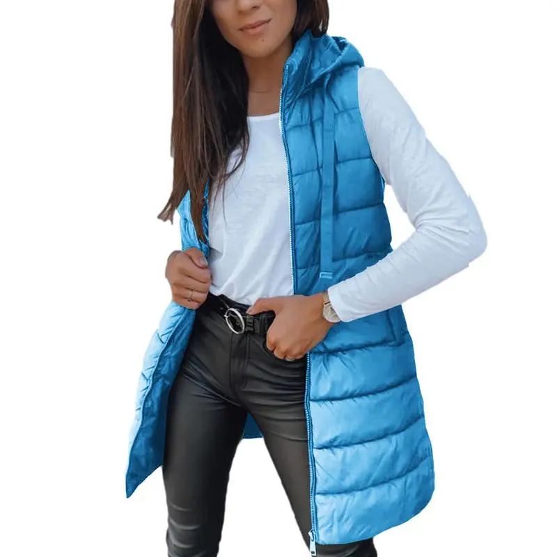 Women Long Vest Solid Color Sleeveless Hood Winter Puffer Vest Outwear