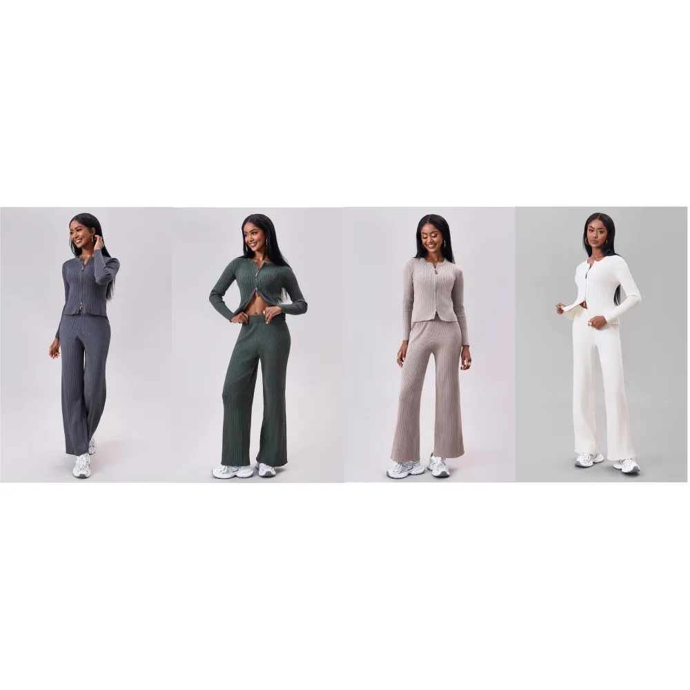 Women's Comfy Solid Color Ribbed Zip-Up Sweater & Wide Leg Trousers Co-ord